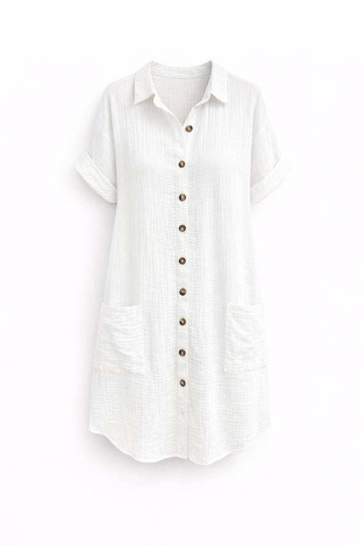 Button Front Shirt Dress – Short Sleeve Relaxed Fit With Pockets