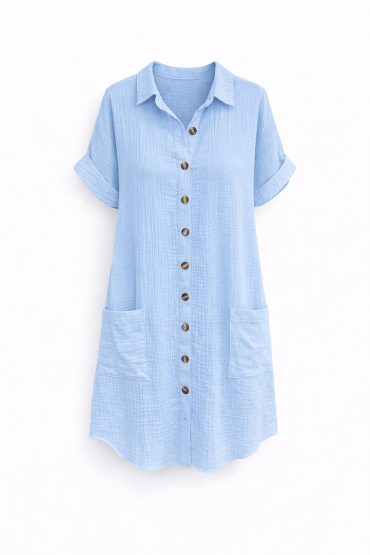 Button Front Shirt Dress – Short Sleeve Relaxed Fit With Pockets