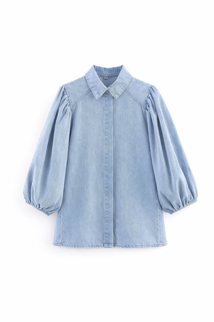Denim Button Down Blouse – Long Sleeve Puff Shoulder Design