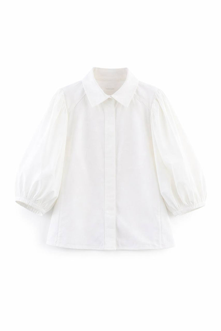 Denim Button Down Blouse – Long Sleeve Puff Shoulder Design