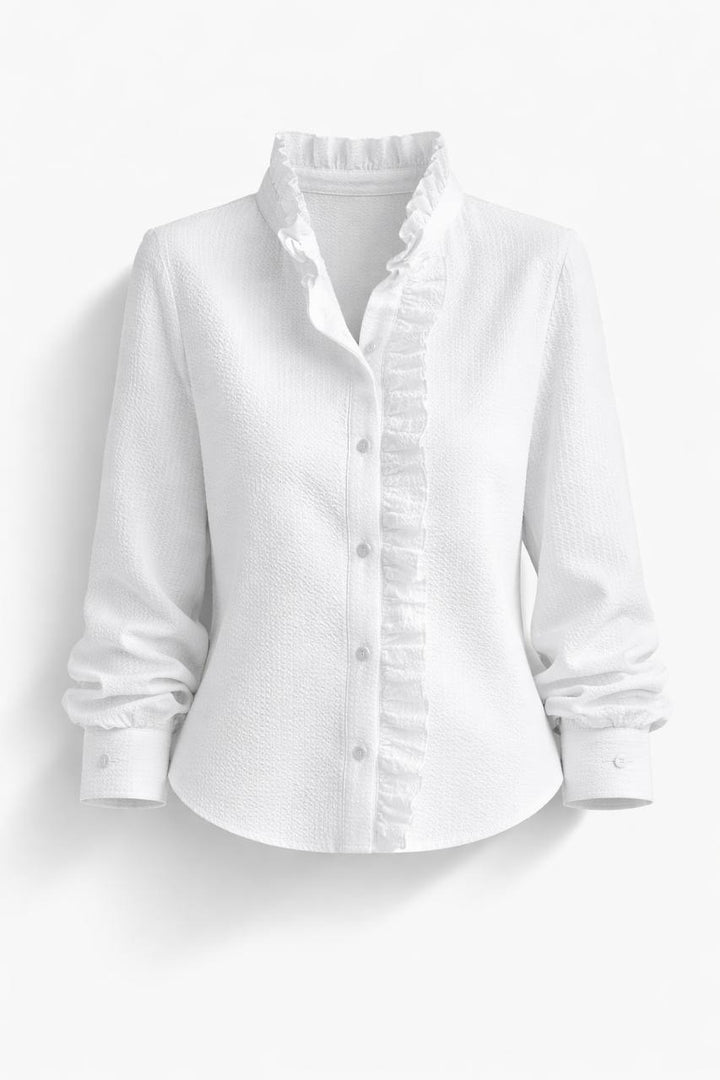 Ruffle Front Blouse – Long Sleeve High Neck Button Shirt