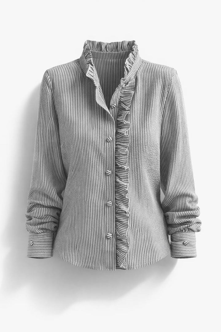 Ruffle Front Blouse – Long Sleeve High Neck Button Shirt