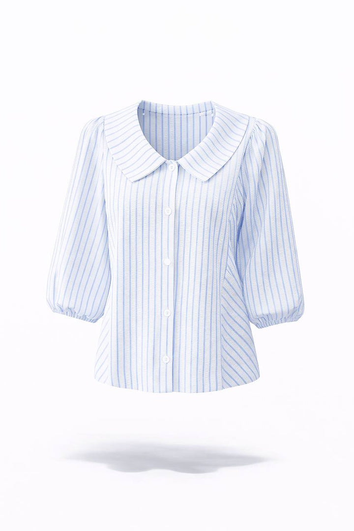 Striped Peter Pan Collar Blouse – 3/4 Sleeve Button Front