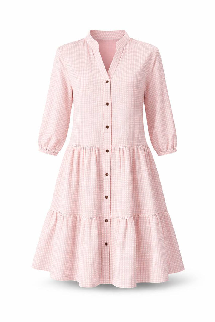 Gingham Button Front Midi Dress – Long Sleeve Tiered A-Line Dress