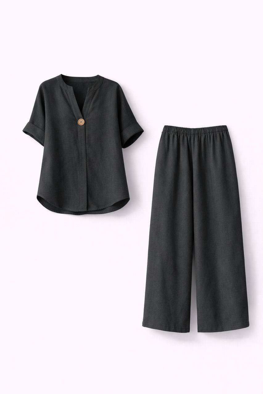 Two Piece Lounge Set – Long Sleeve Button Front Top & Trousers Set
