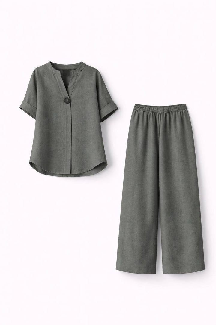 Two Piece Lounge Set – Long Sleeve Button Front Top & Trousers Set