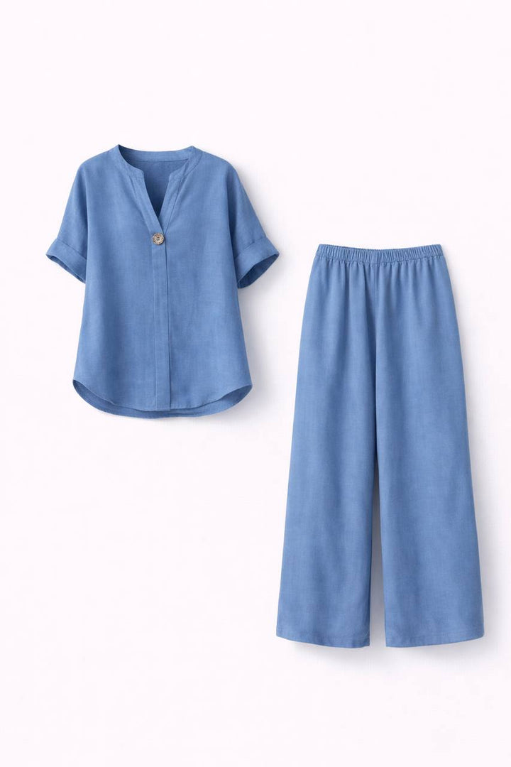 Two Piece Lounge Set – Long Sleeve Button Front Top & Trousers Set