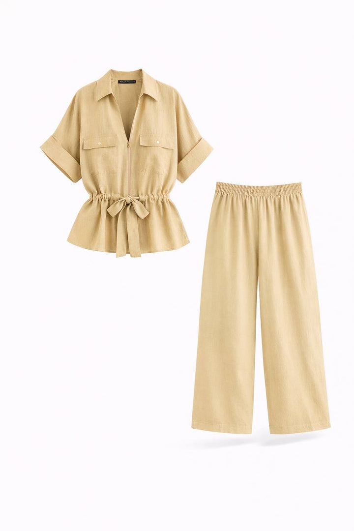 Co-Ord Set - Tie Waist Short Sleeve Top & Wide Leg Trousers