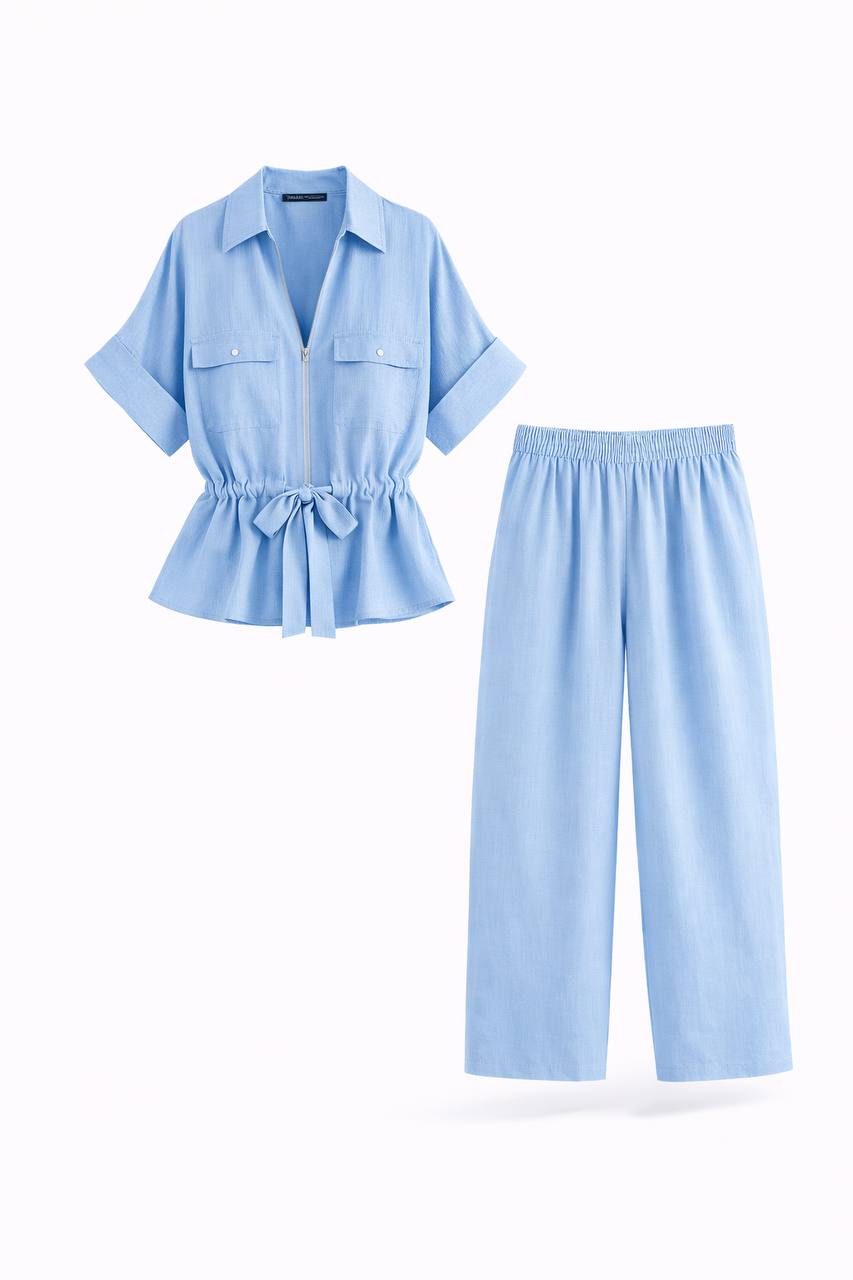 Co-Ord Set - Tie Waist Short Sleeve Top & Wide Leg Trousers