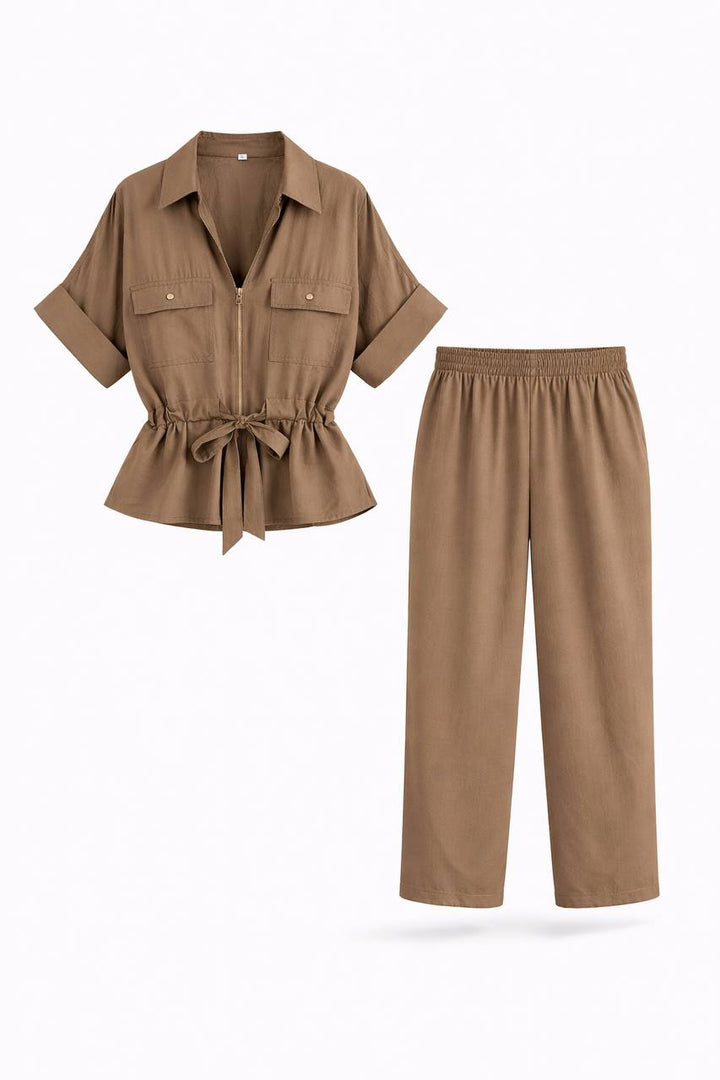 Co-Ord Set - Tie Waist Short Sleeve Top & Wide Leg Trousers