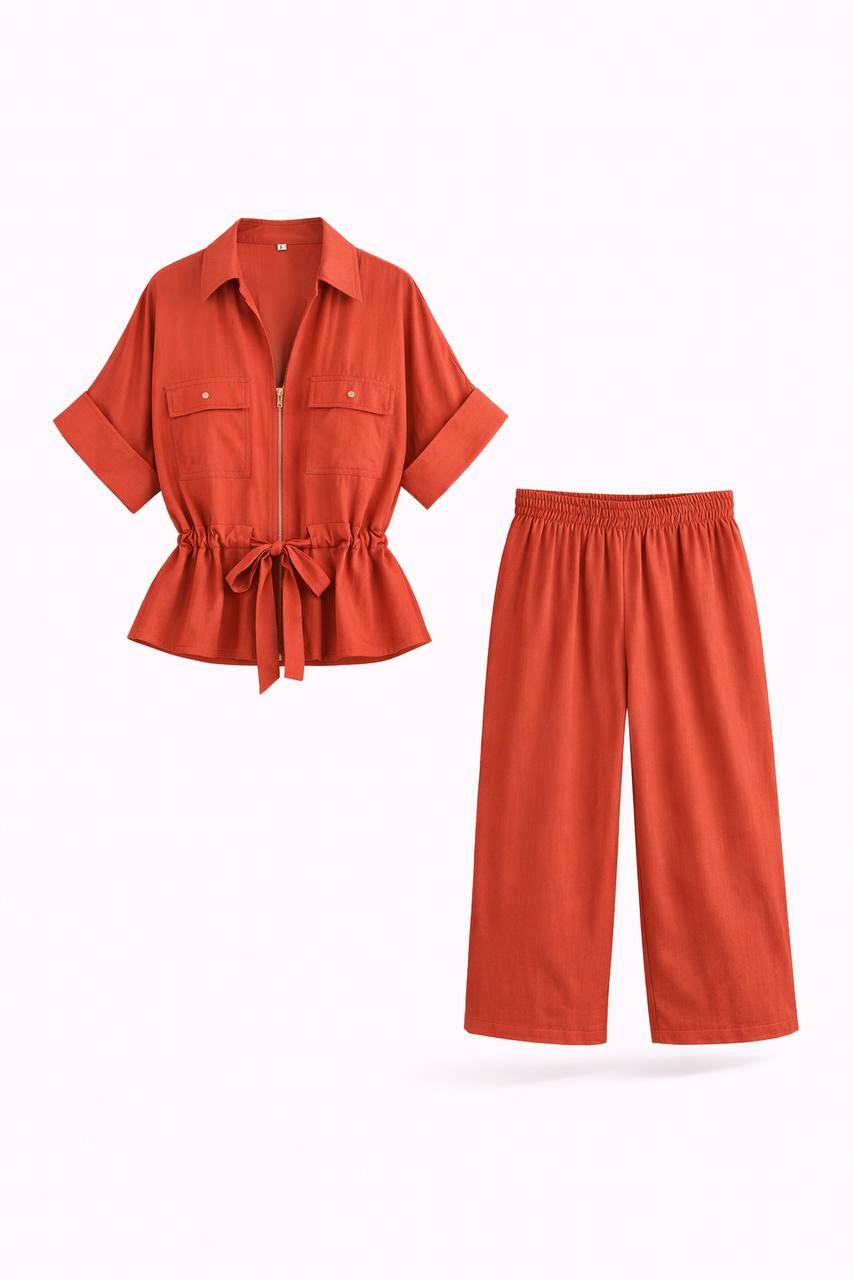 Co-Ord Set - Tie Waist Short Sleeve Top & Wide Leg Trousers