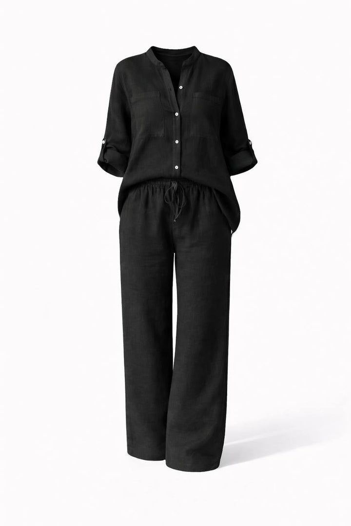 Long Sleeve Button Front Shirt & Wide Leg Trousers Co-Ord Set
