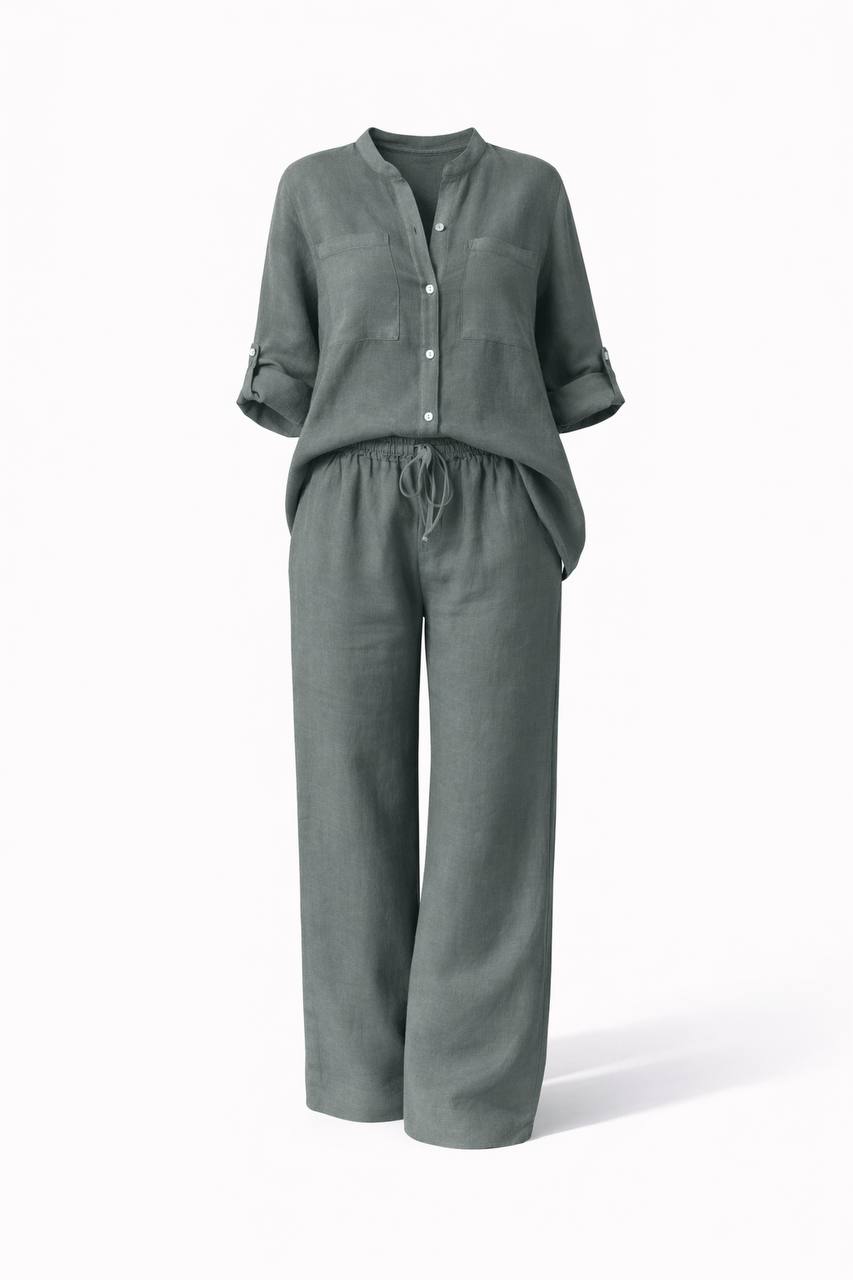 Long Sleeve Button Front Shirt & Wide Leg Trousers Co-Ord Set