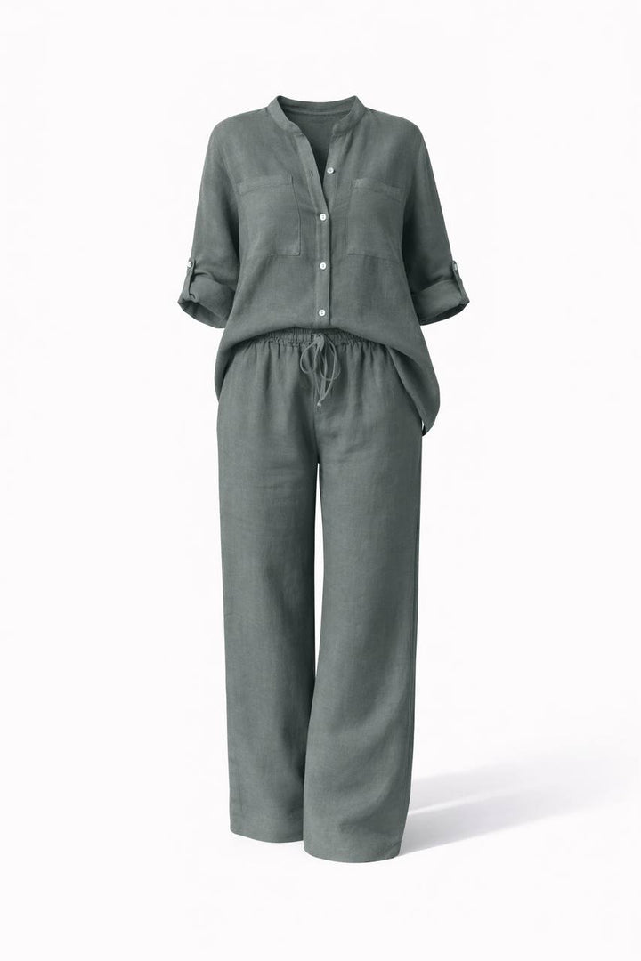 Long Sleeve Button Front Shirt & Wide Leg Trousers Co-Ord Set