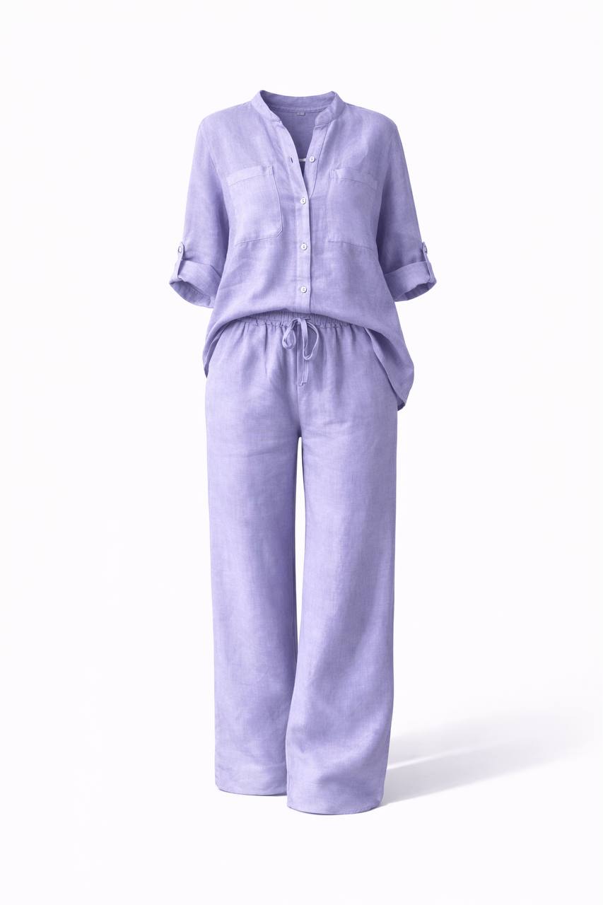 Long Sleeve Button Front Shirt & Wide Leg Trousers Co-Ord Set