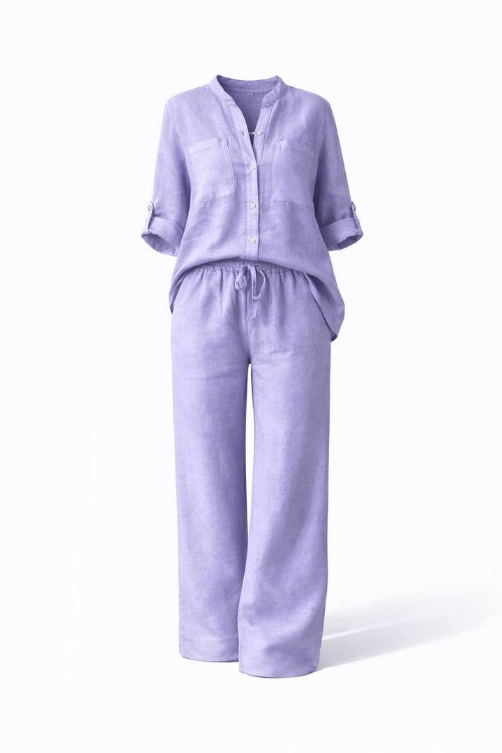 Long Sleeve Button Front Shirt & Wide Leg Trousers Co-Ord Set