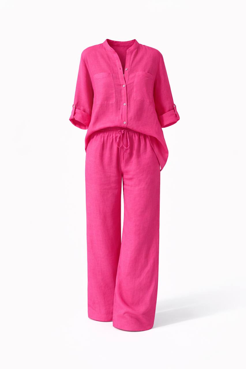 Long Sleeve Button Front Shirt & Wide Leg Trousers Co-Ord Set