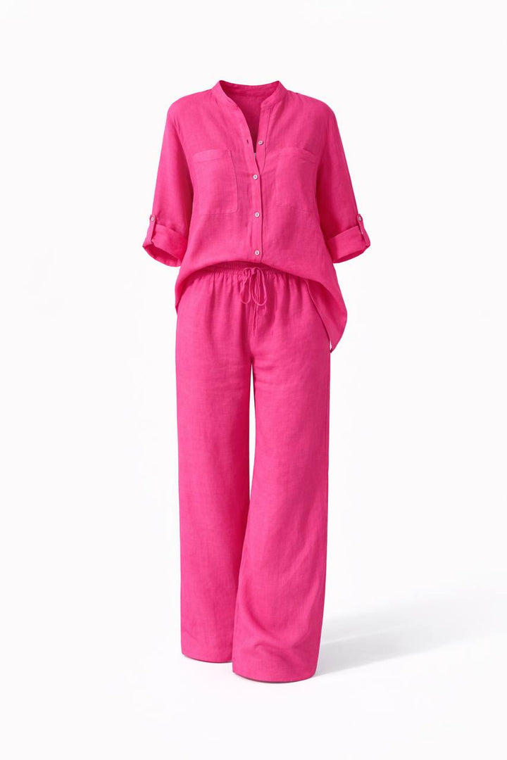 Long Sleeve Button Front Shirt & Wide Leg Trousers Co-Ord Set