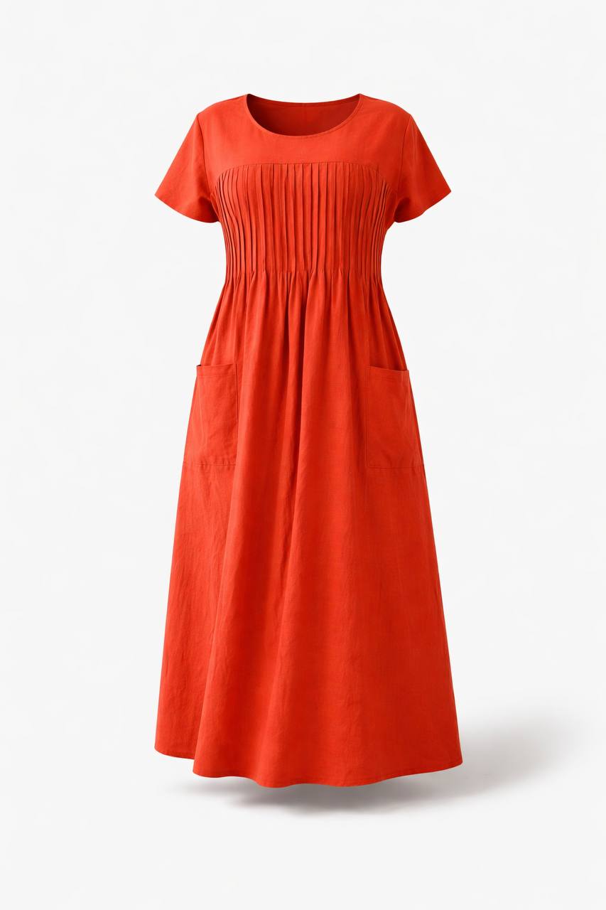 Short Sleeve Midi Dress – Pleated Waist Casual Dress with Pockets