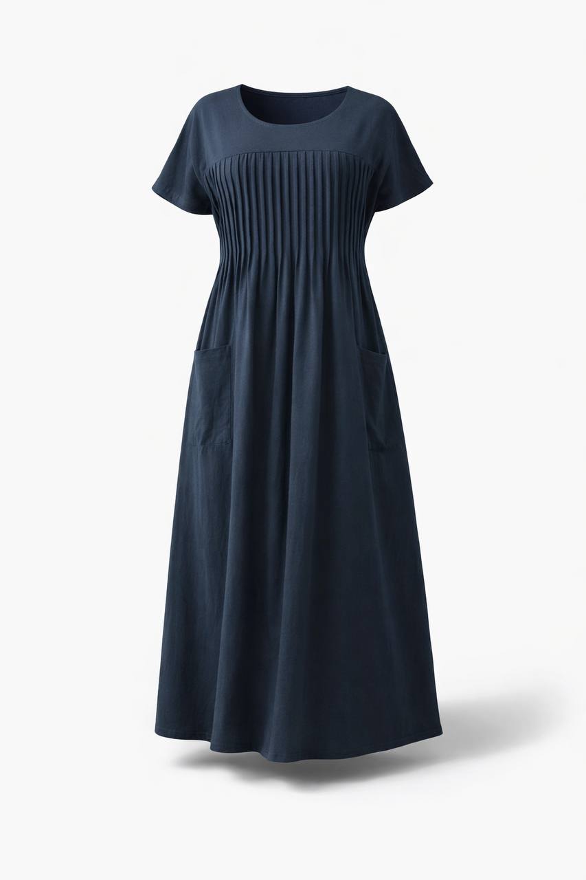Short Sleeve Midi Dress – Pleated Waist Casual Dress with Pockets