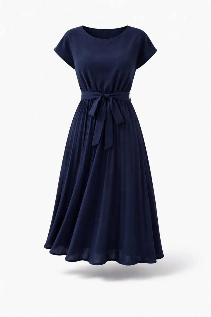 Short Sleeve Pleated Midi Dress with Tie Waist – Casual A-Line Dress