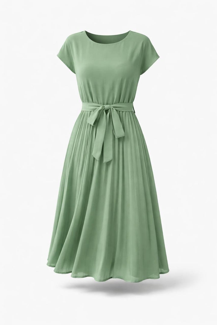 Short Sleeve Pleated Midi Dress with Tie Waist – Casual A-Line Dress