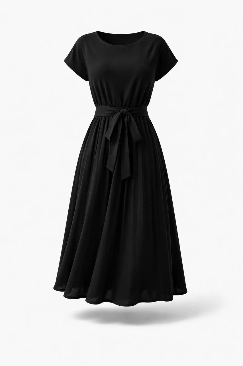 Short Sleeve Pleated Midi Dress with Tie Waist – Casual A-Line Dress