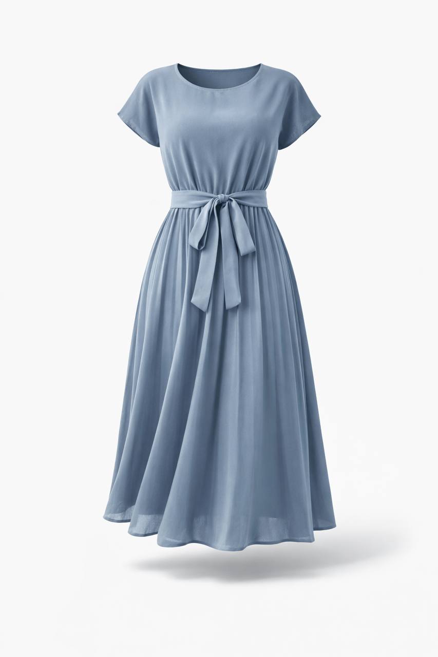 Short Sleeve Pleated Midi Dress with Tie Waist – Casual A-Line Dress