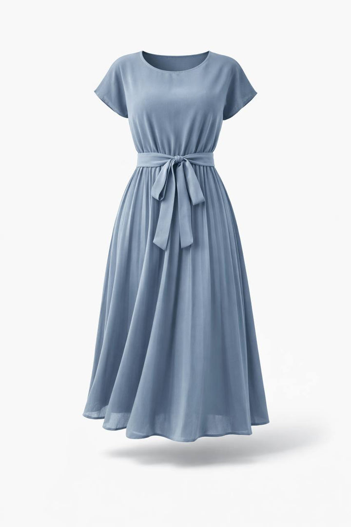 Short Sleeve Pleated Midi Dress with Tie Waist – Casual A-Line Dress