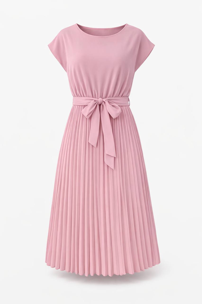 Short Sleeve Pleated Midi Dress with Tie Waist – Casual A-Line Dress