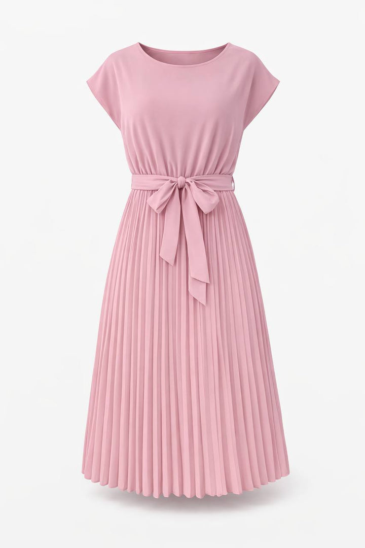 Short Sleeve Pleated Midi Dress with Tie Waist – Casual A-Line Dress