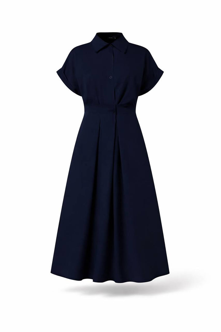 Short Sleeve Collared Maxi Dress with Tie Waist – Elegant A-Line Casual Dress