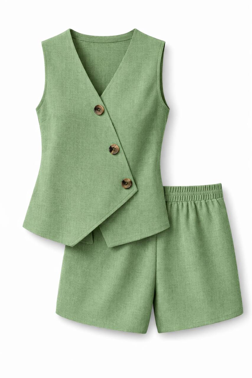 Sleeveless Vest and Shorts Set – Tailored Button Front