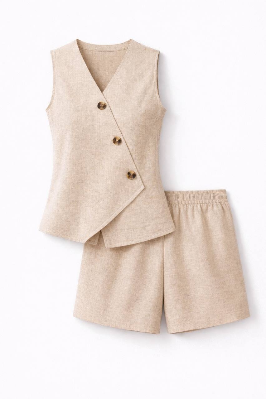 Sleeveless Vest and Shorts Set – Tailored Button Front