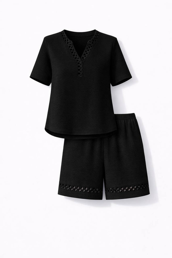 Lace Trim V-Neck Short Sleeve Blouse &  Shorts Set