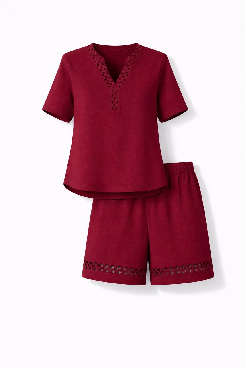 Lace Trim V-Neck Short Sleeve Blouse &  Shorts Set