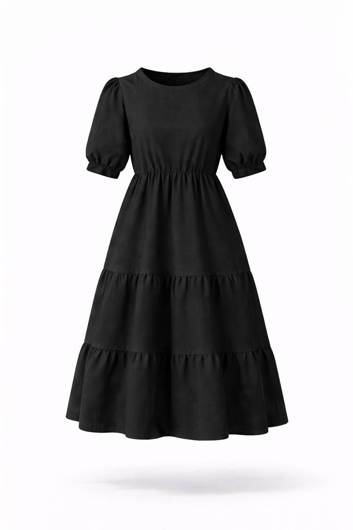 Puff Sleeve Tiered Maxi Dress – Round Neck Elastic Waist Long Dress