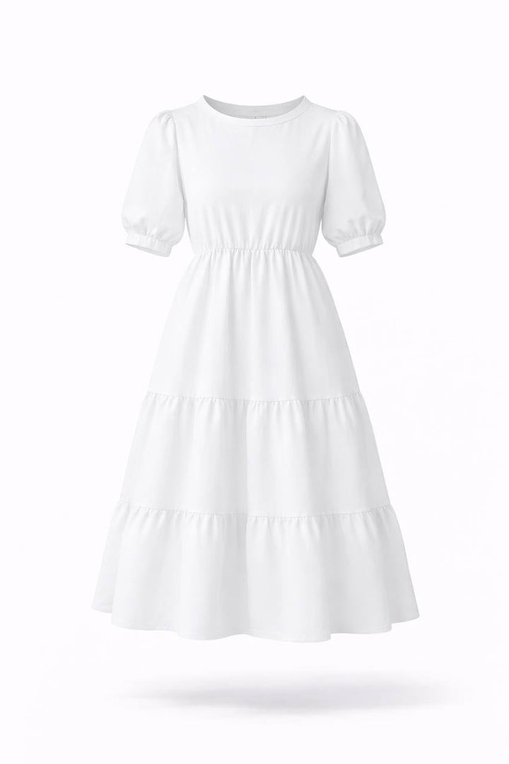 Puff Sleeve Tiered Maxi Dress – Round Neck Elastic Waist Long Dress