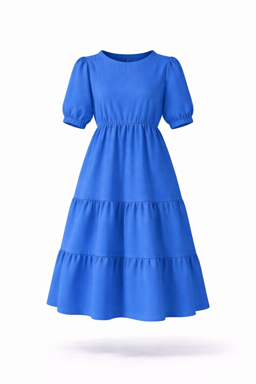 Puff Sleeve Tiered Maxi Dress – Round Neck Elastic Waist Long Dress