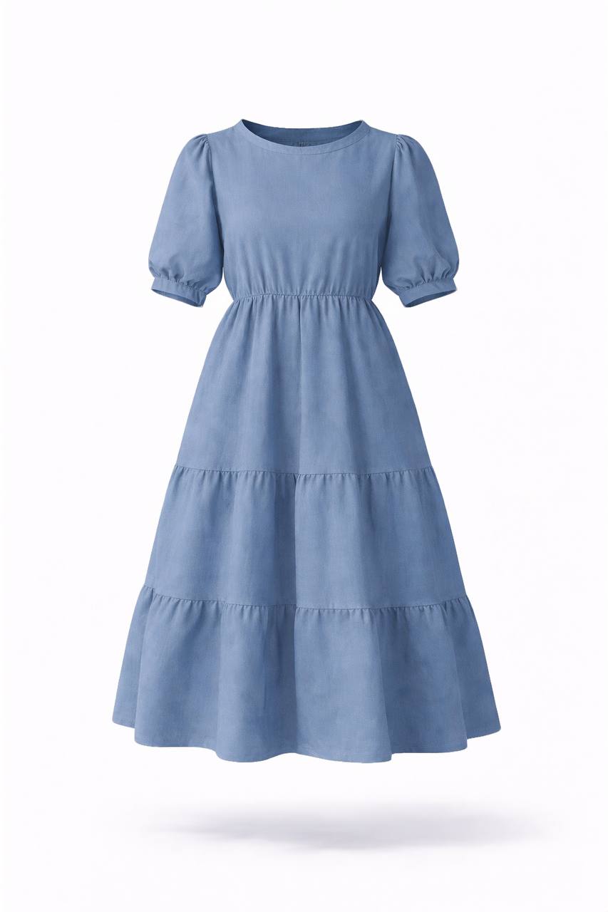 Puff Sleeve Tiered Maxi Dress – Round Neck Elastic Waist Long Dress