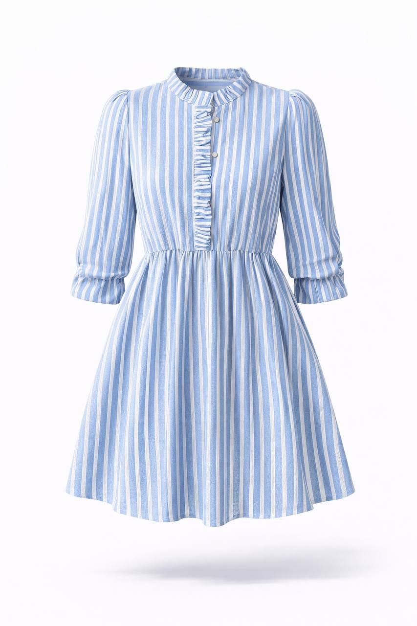 Striped Mini Dress – Puff Sleeve Button Front With Ruffle Detail