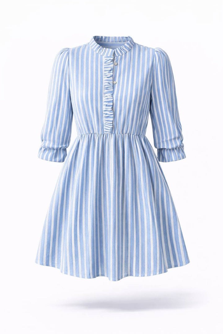 Striped Mini Dress – Puff Sleeve Button Front With Ruffle Detail