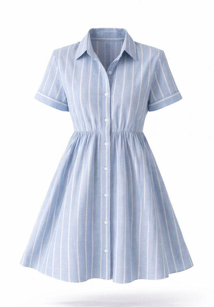 Striped Shirt Dress – Short Sleeve Button Front A-Line Mini Dress