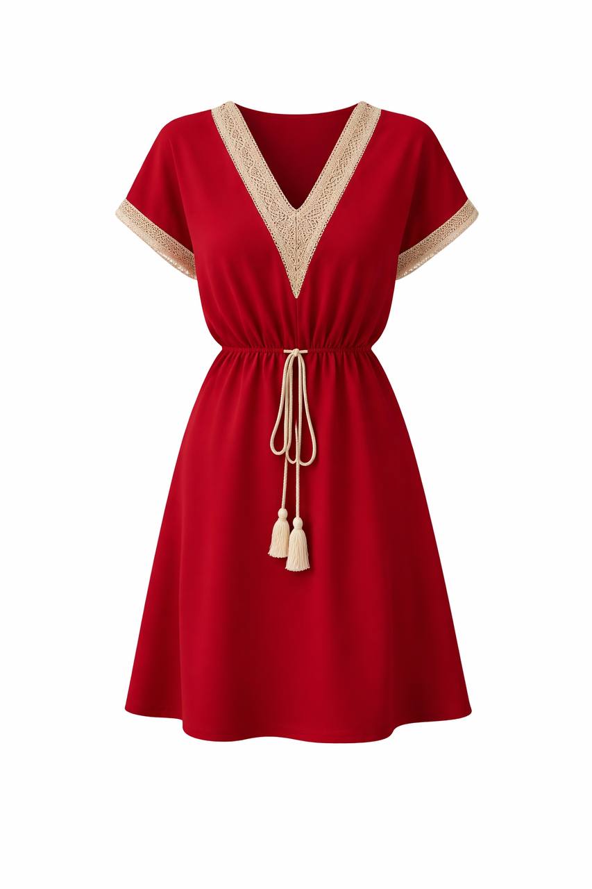 V-Neck Short Sleeve Mini Dress – Tie Waist Dress with Contrast Trim