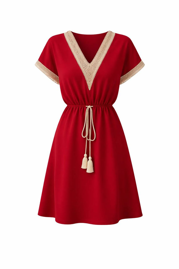 V-Neck Short Sleeve Mini Dress – Tie Waist Dress with Contrast Trim