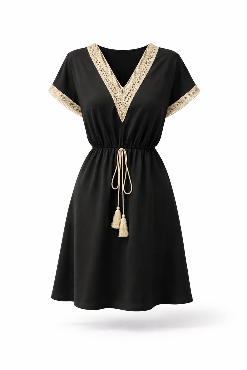 V-Neck Short Sleeve Mini Dress – Tie Waist Dress with Contrast Trim