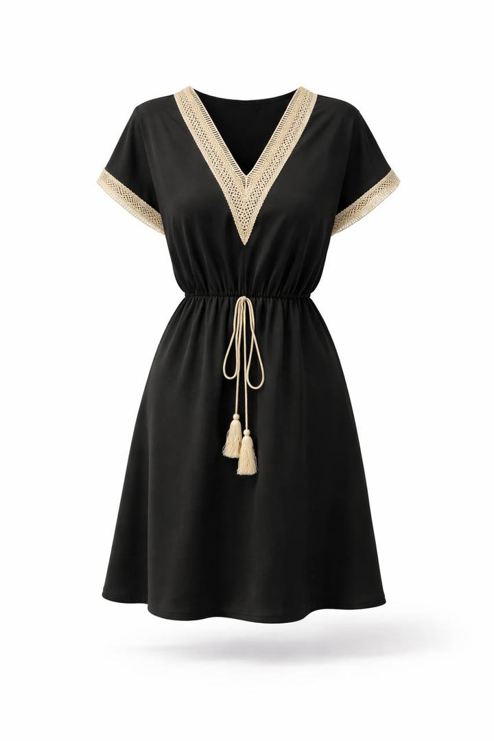 V-Neck Short Sleeve Mini Dress – Tie Waist Dress with Contrast Trim