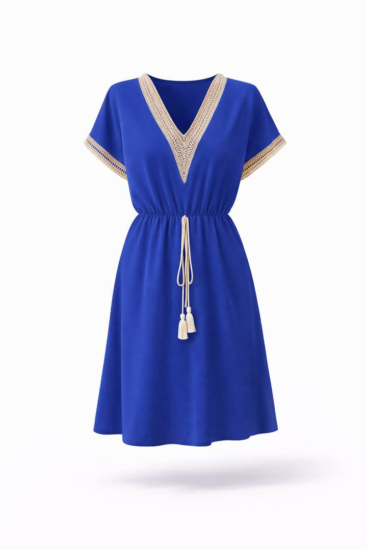 V-Neck Short Sleeve Mini Dress – Tie Waist Dress with Contrast Trim