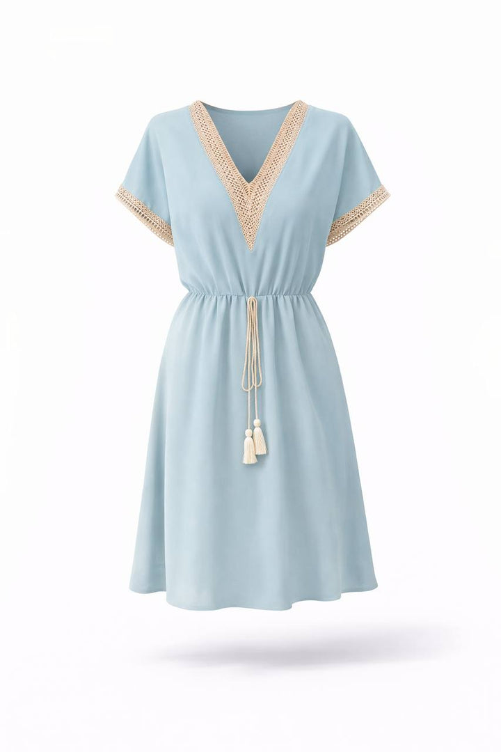 V-Neck Short Sleeve Mini Dress – Tie Waist Dress with Contrast Trim