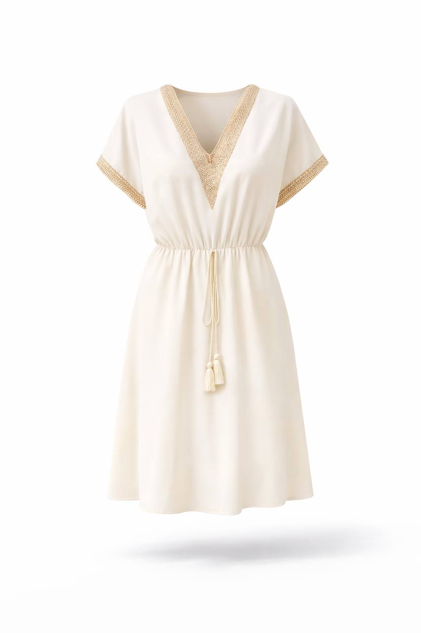 V-Neck Short Sleeve Mini Dress – Tie Waist Dress with Contrast Trim
